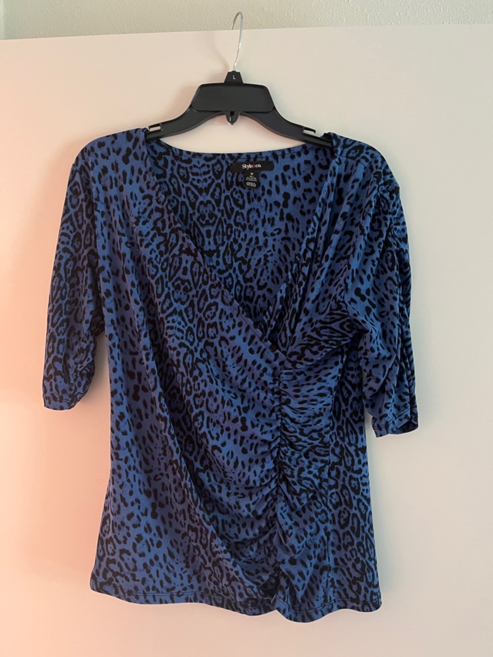 Style & Co. Blue and Black Leopard Print V-Neck Ruched Top